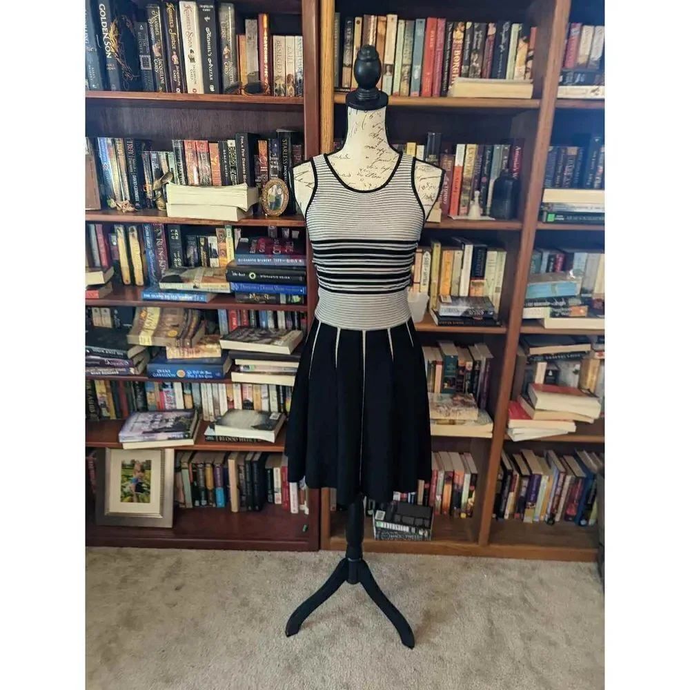 PARKER black and white stripe pleated circle skirt tank top knit stretch dress